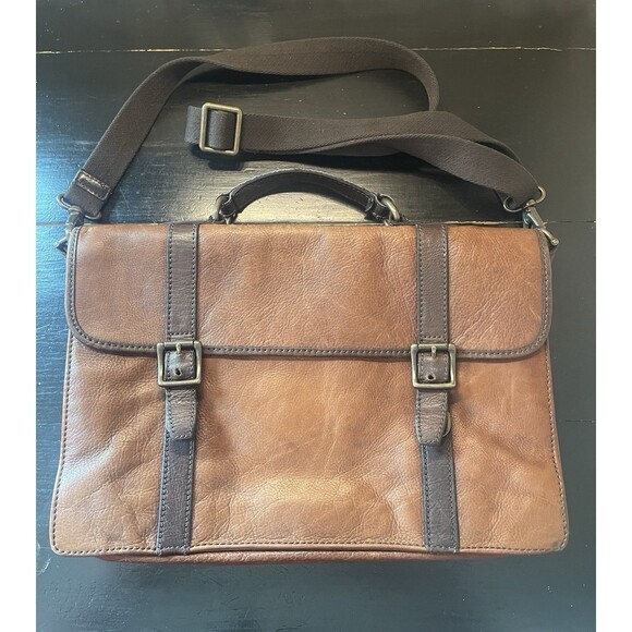 Fossil Other - Fossil Messenger Bag Leather Satchel Crossbody Adjustable Strap brass accents